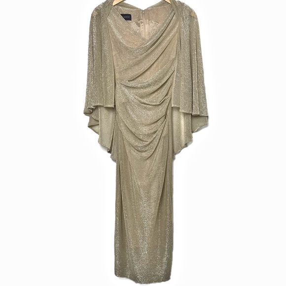 Talbot Runhof Doris Draped cape metallic sheer gold gown size 2 - Picture 2 of 11